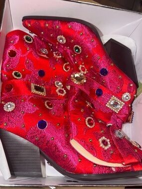 Azalea Wang Boots Womens 7 Red Pink Diligent Western Floral Brocade Studded